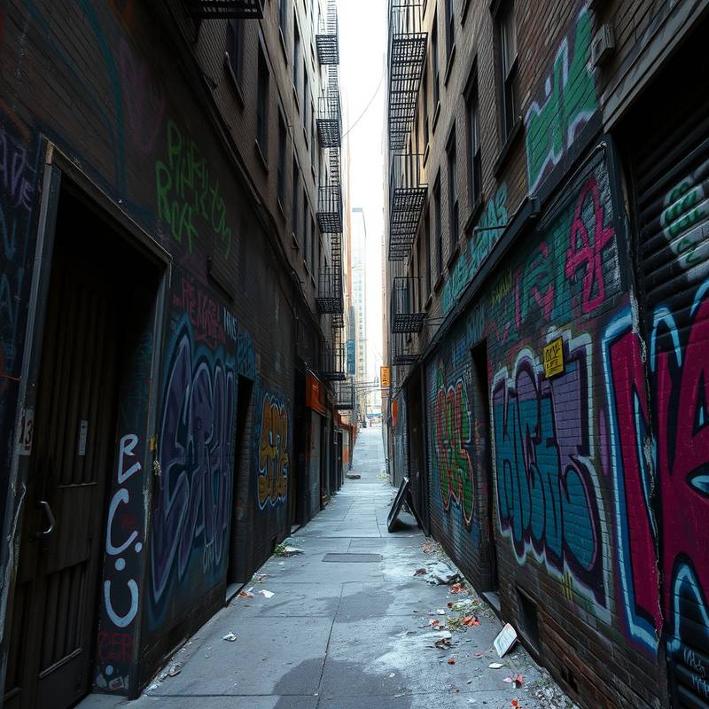 A gritty urban alleyway in New York City with graffiti art.
