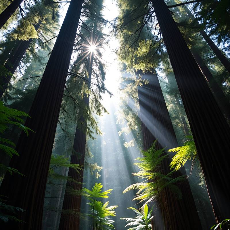 A lush, temperate rainforest with towering redwood trees and dappled sunlight in Redwood National Park, California, USA.