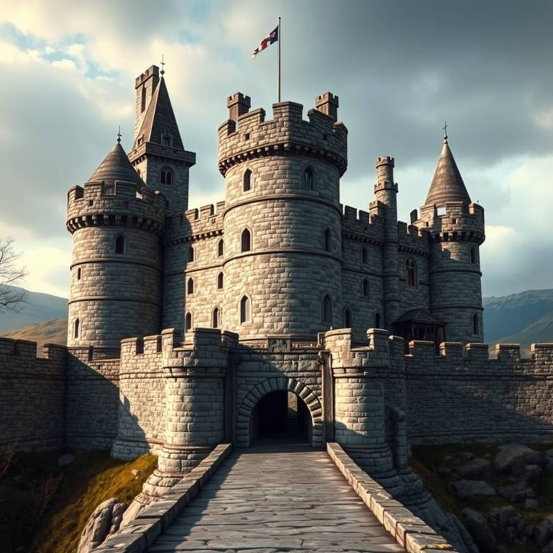 A medieval castle with stone walls, towers, and a drawbridge in Scotland.