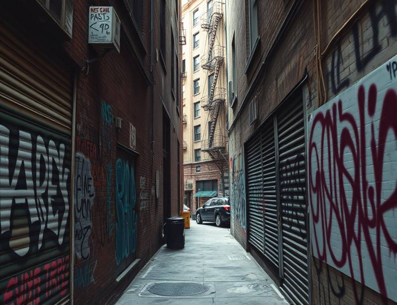 A narrow, graffiti-covered alleyway in the Lower East Side of Manhattan, New York City.