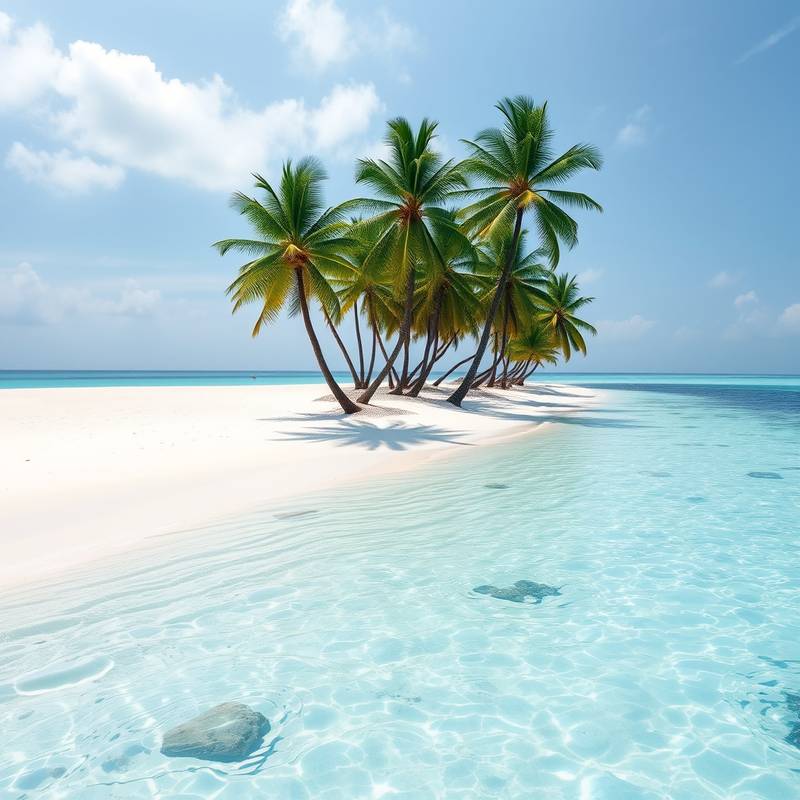 A pristine tropical beach with white sand, turquoise water, and palm trees in the Maldives.
