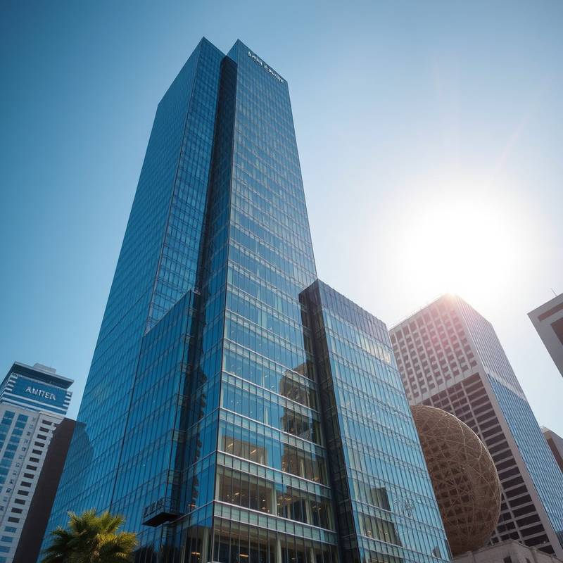 A sleek, modern architectural marvel with glass and steel facade in downtown Los Angeles, California, USA.