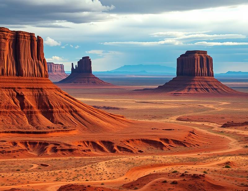 A sprawling desert landscape with sandstone buttes and mesas in Monument Valley, Arizona, USA.