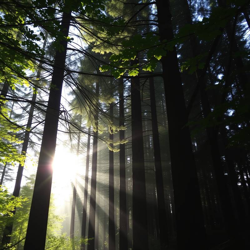 Lush green forest with tall trees and dappled sunlight in Oregon.