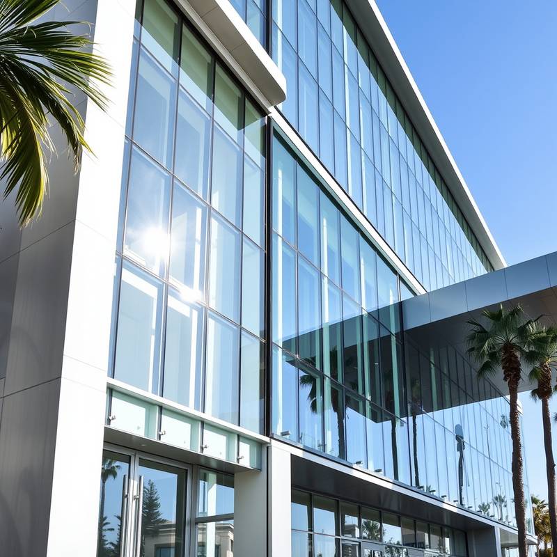 Sleek modern architecture with glass and steel facade in Los Angeles.