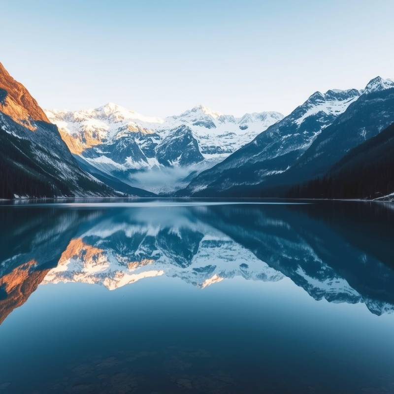 Snow-capped mountain peaks reflecting in a pristine alpine lake in the Swiss Alps, Switzerland.