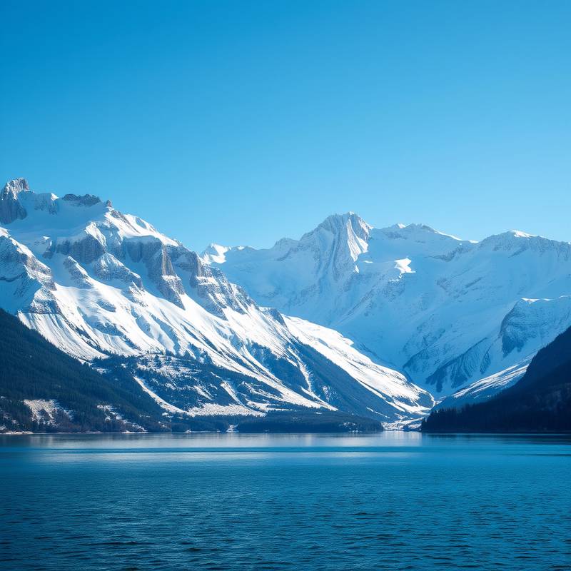 Snowy mountain peaks with a serene lake in the Swiss Alps.